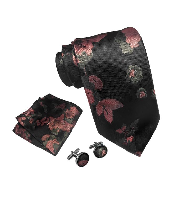 Bloemen stropdas set zwart